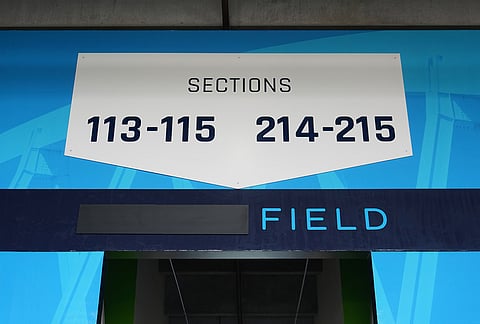 Lumen branding is seen covered by black tape as preparations continue at Seattle Stadium, normally known as Lumen Field, ahead of the 2026 FIFA World Cup matches, in Seattle.