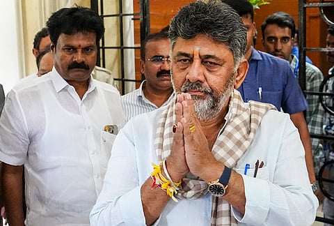 Karnataka Congress President DK Shivakumar arrives for the Congress Legislature Party (CLP) meeting at Vidhana Soudha, in Bengaluru, Karnataka.