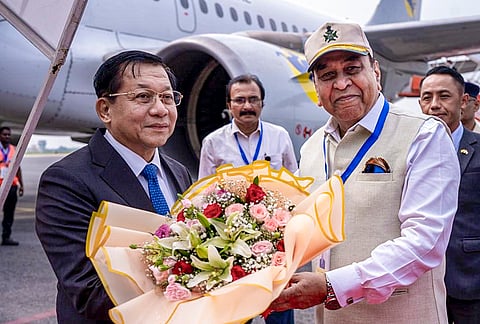 Bihar Governor Syed Ata Hasnain receives Myanmar President U Min Aung Hlaing upon the latter’s arrival as the President begins his five-day visit to India, at the airport, in Bodh Gaya. 
