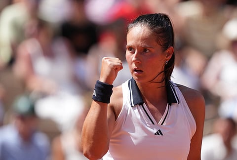 Daria Kasatkina of Australia reacts as she plays against Aryna Sabalenka of Belarus during their third round women's singles tennis match at the French Open tennis tournament in Paris.