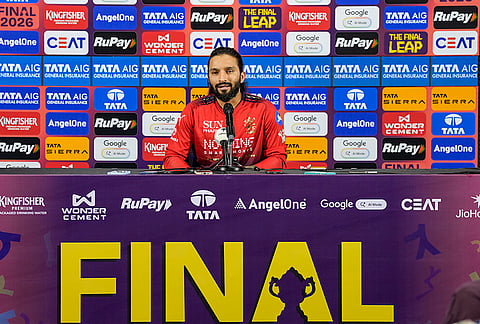 Royal Challengers Bengaluru's captain Rajat Patidar addresses a press conference ahead of the Indian Premier League (IPL) 2026 Final T20 cricket match between Royal Challengers Bengaluru and Gujarat Titans, in Ahmedabad, Gujarat.