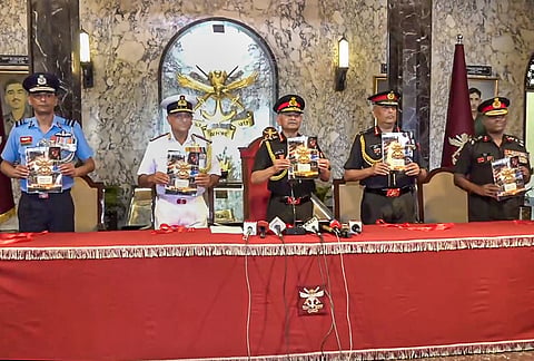 Chief of the Army Staff (COAS) General Upendra Dwivedi, centre, during a press conference, in Pune, Maharashtra.