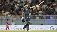 | Photo: AP/Ashwini Bhatia : Gujarat Titans' captain Shubman Gill celebrates his century during the Indian Premier League cricket match between Gujarat Titans and Rajasthan Royals in New Chandigarh, India.
