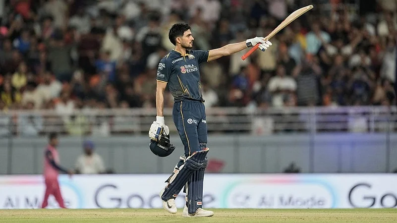 Gujarat Titans captain Shubman Gill celebrates his century IPL