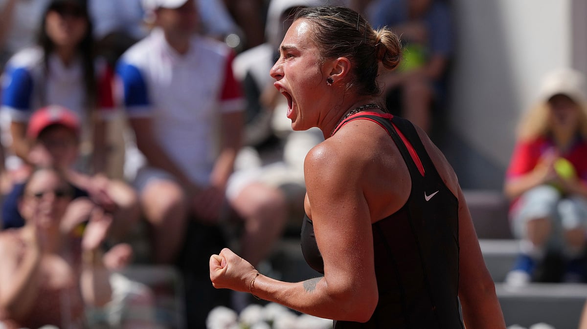 Aryna Sabalenka of Belarus reacts as she plays against Daria Kasatkina of Australia during their third round women’s singles tennis match at the French Open tennis tournament in Paris, Saturday, May 30, 2026. - | Photo: AP/Thibault Camus