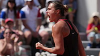 Aryna Sabalenka Vs Daria Kasatkina Highlights, French Open: World No. 1 Moves To Fourth Round With Straight-Set Win | Photo: AP/Thibault Camus : Aryna Sabalenka of Belarus reacts as she plays against Daria Kasatkina of Australia during their third round women’s singles tennis match at the French Open tennis tournament in Paris, Saturday, May 30, 2026.