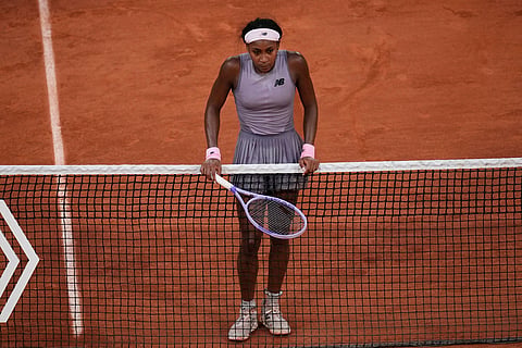 Coco Gauff of the U.S. reacts after the third round women's singles tennis match against Anastasia Potapova of Austria at the French Open tennis tournament in Paris.
