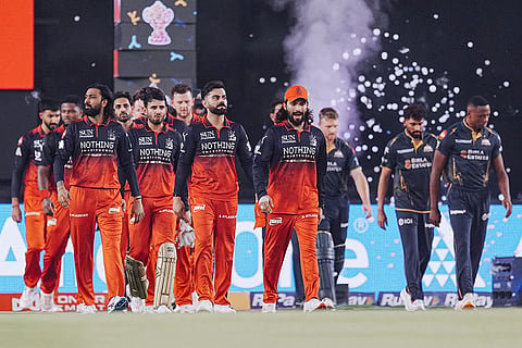 Royal Challengers Bengaluru's players before the Indian Premier League (IPL) 2026 Final T20 cricket match between Royal Challengers Bengaluru and Gujarat Titans, in Ahmedabad, Gujarat.