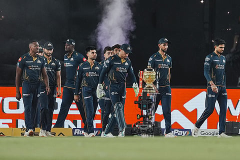 Gujarat Titans' team arrives on field during the Indian Premier League (IPL) 2026 Final T20 cricket match between Royal Challengers Bengaluru and Gujarat Titans, in Ahmedabad, Gujarat.