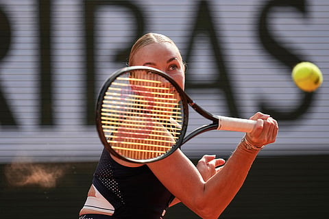 Anastasia Potapova of Austria returns to Coco Gauff of the U.S. during their third round women's singles tennis match at the French Open tennis tournament in Paris.