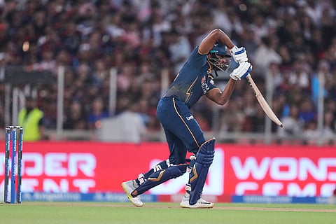 Gujarat Titans' Sai Sudharsan plays a shot during the Indian Premier League final cricket match between Gujarat Titans and Royal Challengers Bengaluru in Ahmedabad, India.