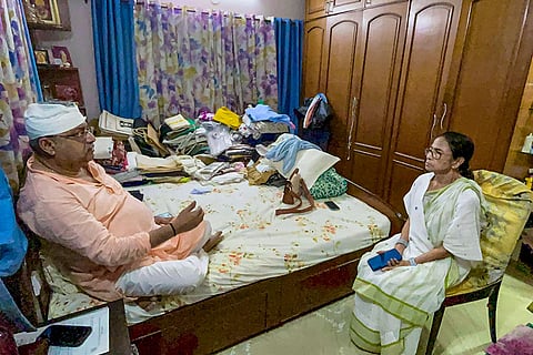 In this image posted on May 31, 2026, TMC supremo Mamata Banerjee meets party MP Kalyan Banerjee as the latter claimed to have suffered head injuries after being mobbed in front of a police station he visited in West Bengal's Hooghly district on Sunday to submit a memorandum against the arrest of party workers after the Assembly elections.