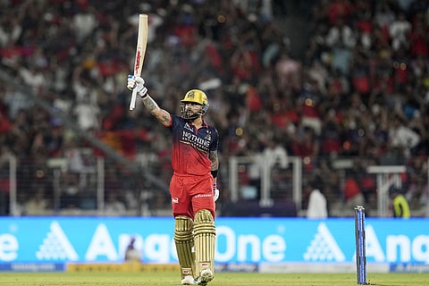 Royal Challengers Bengaluru's Virat Kohli celebrates his half century during the Indian Premier League (IPL) 2026 Final T20 cricket match between Royal Challengers Bengaluru and Gujarat Titans, in Ahmedabad, Gujarat.