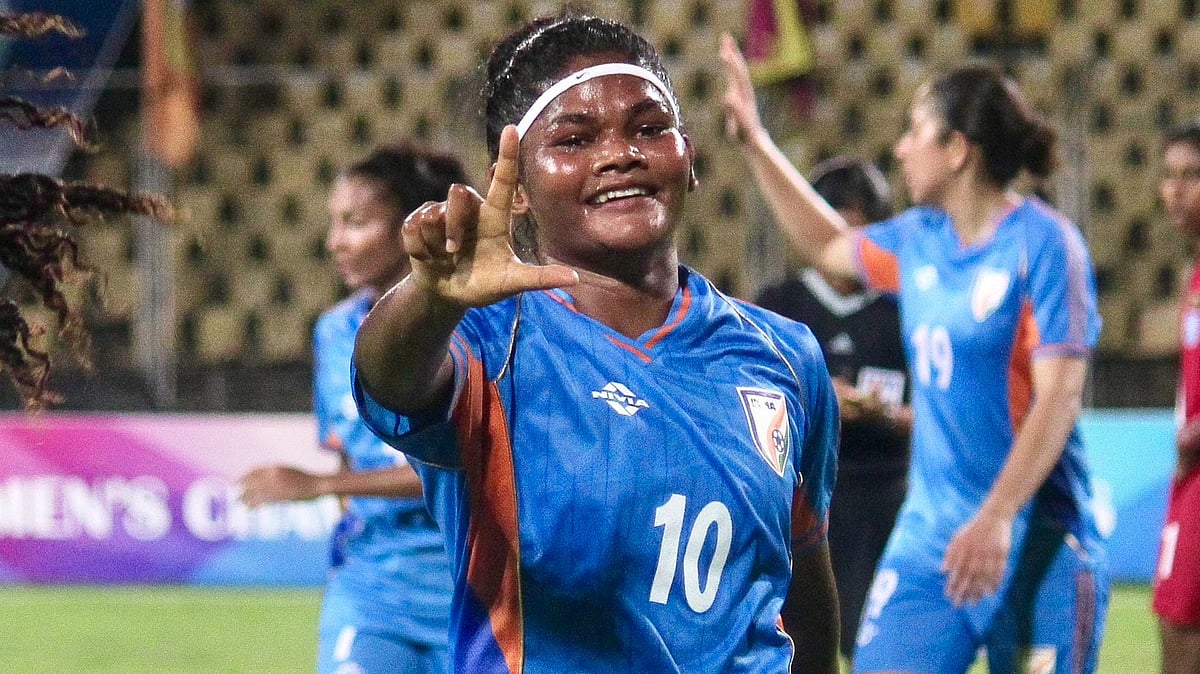 India’s Pyari *Xaxa celebrates after scoring in the SAFF Women’s Championship match against Bangladesh on May 31, 2026. - | Photo: X/IndianFootball