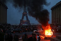 PSG Vs Arsenal, UEFA Champions League Final: Violence Erupts In Paris As French Police Detain Over 400 People | Photo: AP/Thomas Padilla : A car burns as PSG supporters celebrate in Paris, Saturday, May 30, 2026 after the Champions League final soccer match between Paris Saint-Germain and Arsenal that's being played in Budapest. PSG won the game.