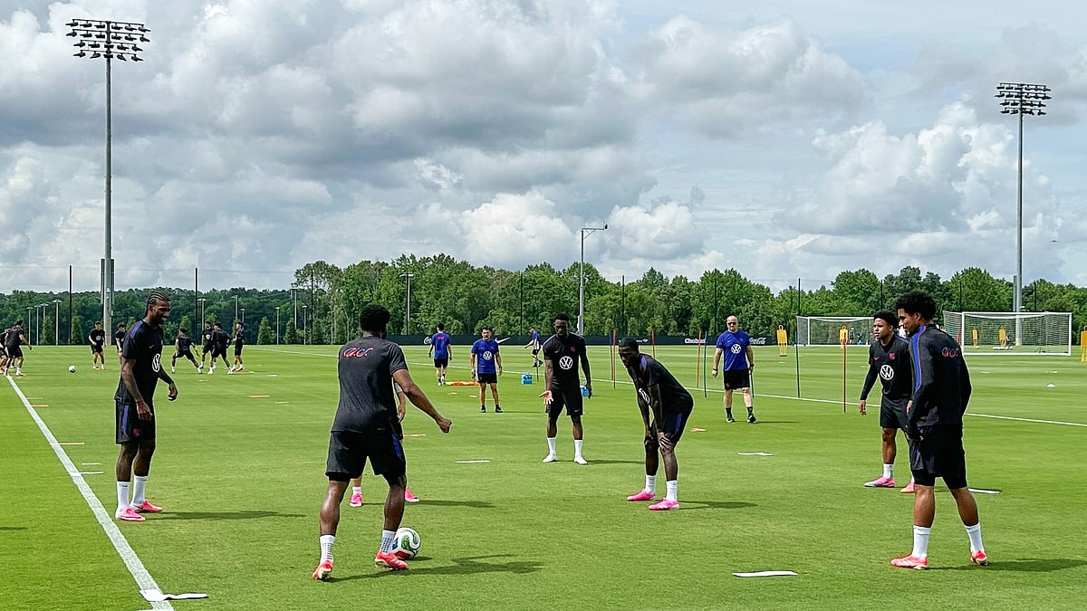 United States soccer players work on a drill at the new national training complex, Thursday, May 28, 2026, in Fayetteville, Ga., ahead of the 2026 World Cup soccer tournament. - | Photo: AP/Ronald Blum