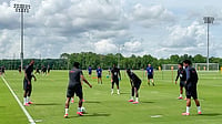 | Photo: AP/Ronald Blum : United States soccer players work on a drill at the new national training complex, Thursday, May 28, 2026, in Fayetteville, Ga., ahead of the 2026 World Cup soccer tournament.