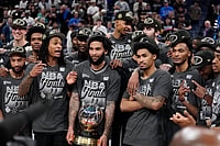 | Photo: AP/Tony Gutierrez : San Antonio Spurs' Jordan McLaughlin, left, Devin Vassell, second from left, Julian Champagnie, center, Dylan Harper, second from right, and Stephon Castle, right, celebrate after Game 7 of the Western Conference finals of the NBA basketball playoffs series win against the Oklahoma City Thunder in Oklahoma City.