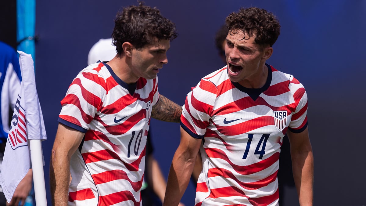 United States forward Christian Pulisic (10) celebrates with midfielder Sebastian Berhalter (14) after scoring in the first half against Senegal in an international friendly soccer match Sunday, May 31, 2026, in Charlotte, N.C. ( - | Photo: AP/Scott Kinser
