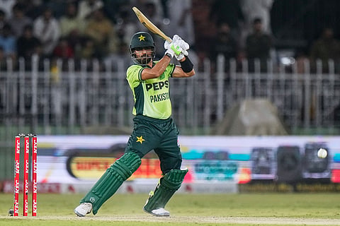 Pakistan's Babar Azam plays a shot during the first one day international cricket match between Pakistan and Australia, in Rawalpindi, Pakistan.