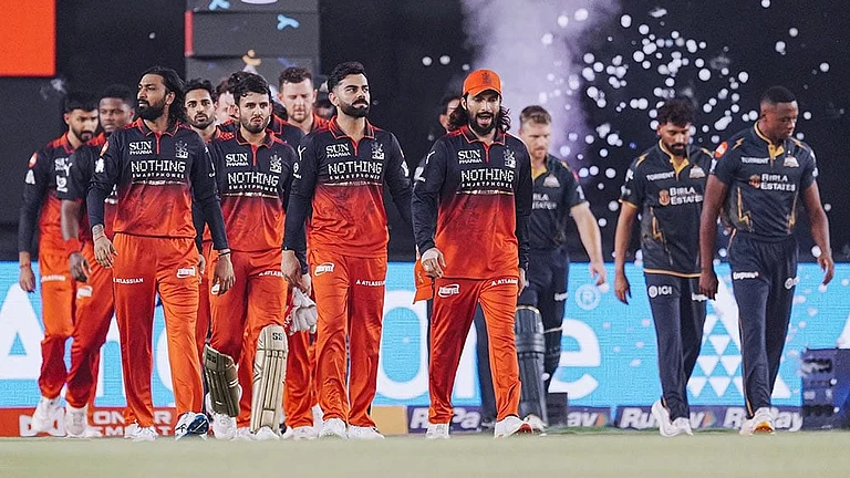 Royal Challengers Bengaluru's players before the Indian Premier League (IPL) 2026 Final T20 cricket match between Royal Challengers Bengaluru and Gujarat Titans, in Ahmedabad, Gujarat. - | Photo: PTI/Kunal Patil