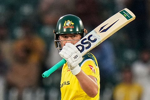 Australia's Matt Renshaw celebrates after scoring fifty runs during the first One Day International cricket match between Pakistan and Australia, in Rawalpindi, Pakistan.