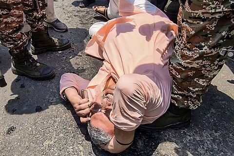 TMC MP Kalyan Banerjee reacts after he was allegedly attacked, near Chanditala Police Station in Hooghly.
