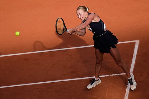 Anastasia Potapova of Austria returns to Coco Gauff of the U.S. during their third round women's singles tennis match at the French Open tennis tournament in Paris.