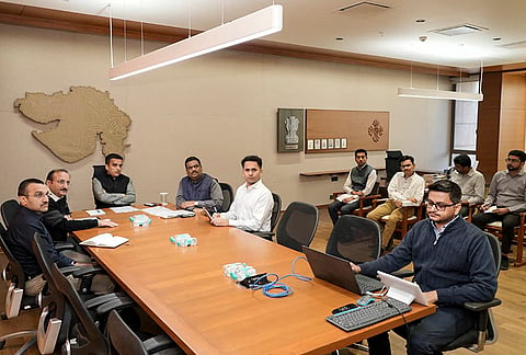 Gujarat Deputy Chief Minister Harsh Sanghavi during a press briefing on Operation Mule Hunt 1.0. 