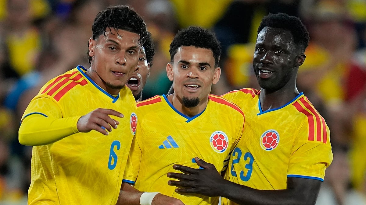Colombia's Luis Diaz, center, celebrates with teammates after scoring his side's second goal against Costa Rica during a friendly soccer match in Bogota, Colombia. - AP Photo