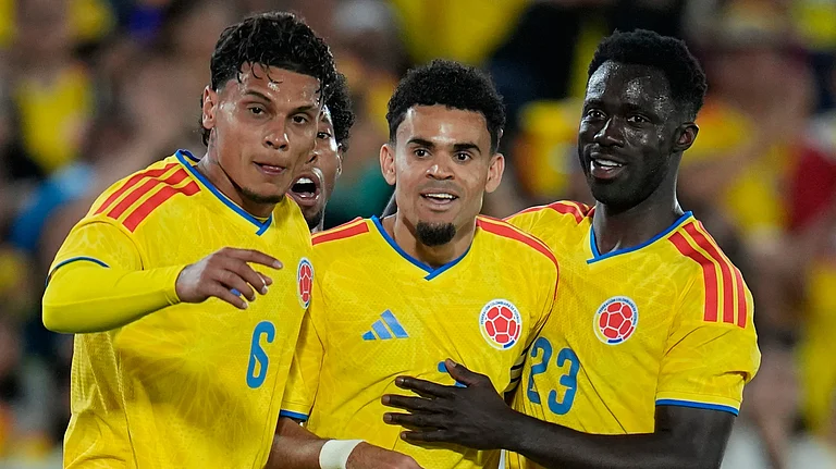 Colombia's Luis Diaz, center, celebrates with teammates after scoring his side's second goal against Costa Rica during a friendly soccer match in Bogota, Colombia. - AP Photo