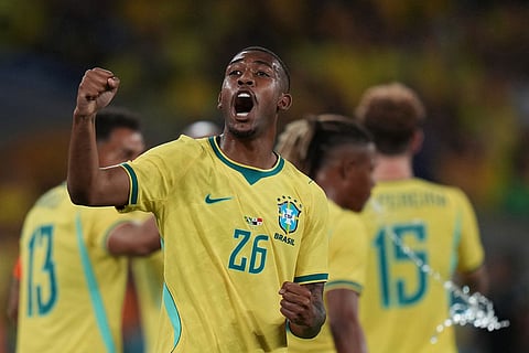 Brazil's Rayan celebrates after scoring his side's third goal against Panama during a friendly soccer match in Rio de Janeiro.