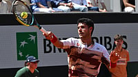 | Photo: AP/Emma Da Silva : Adolfo Daniel Vallejo of Paraguay returns to Moise Kouame of France during their second round men’s singles tennis match at the French Open tennis tournament in Paris, Thursday, May 28, 2026. 