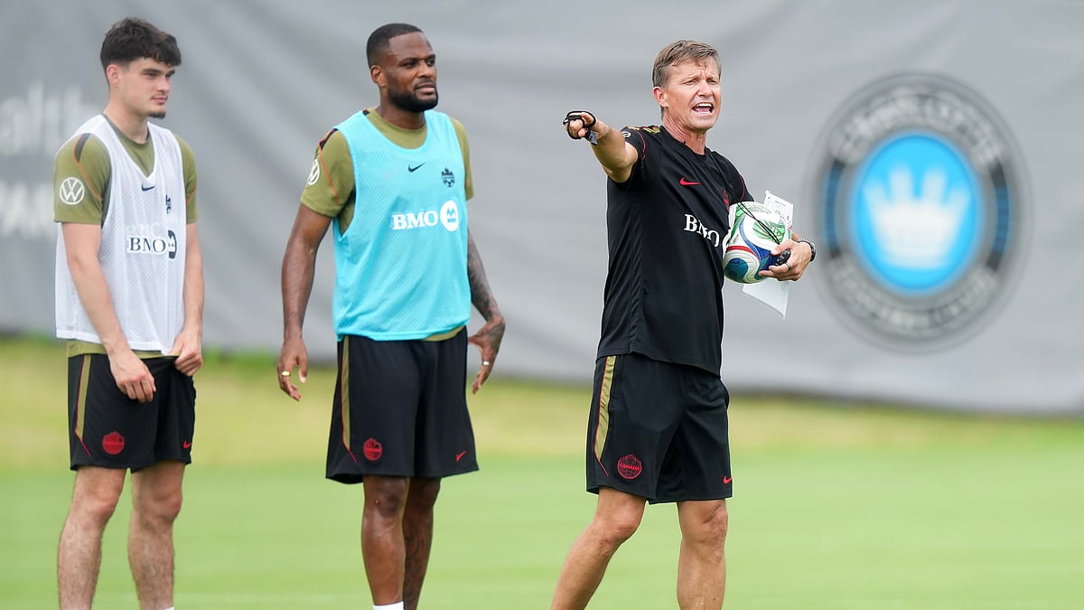 Canada's head coach Jesse Marsh, right, yells during the selection camp for Canada’s national soccer team, Thursday, May 28, 2026, in Charlotte, N.C., ahead of the FIFA World Cup soccer tournament. - AP Photo