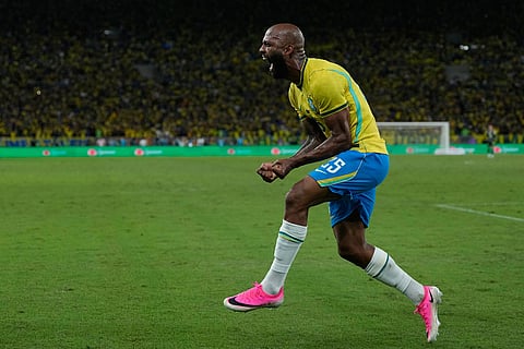 Brazil's Igor Thiago celebrates after scoring his side's fifth goal from the penalty spot during a friendly soccer match against Panama in Rio de Janeiro.