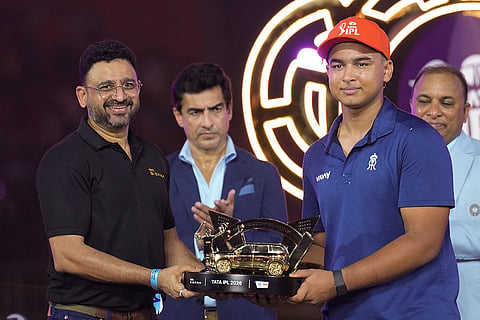 Rajsthan Royals' Vaibhav Sooryavanshi receives Super Striker of the Season award during the presentation ceremony of Indian Premier League (IPL) 2026 T20 final, in Ahmedabad, Gujarat.