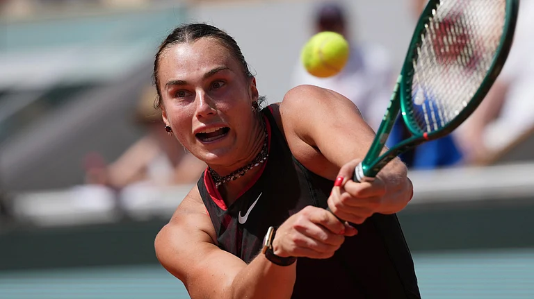 Aryna Sabalenka of Belarus returns to Daria Kasatkina of Australia during their third round women's singles tennis match at the French Open tennis tournament in Paris. - AP Photo