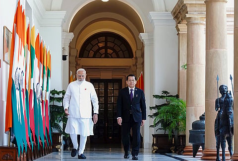 Prime Minister Narendra Modi with Myanmar President U Min Aung Hlaing, at Hyderabad House in New Delhi. 
