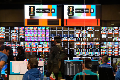 Workers are shown inside the Master Control Room during the opening ceremony of the International Broadcast Center in Dallas.