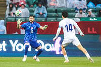Canada Vs Uzbekistan, FIFA International Friendly: Les Rouges Beat Les Rouges In Crucial Pre-World Cup Fixture | Photo: Codie McLachlan/The Canadian Press via AP : Canada goalkeeper Maxime Crepeau (16) makes a save against Uzbekistan's Eldor Shomurodov (14) during the first half of an international friendly soccer match in Edmonton, Alberta.