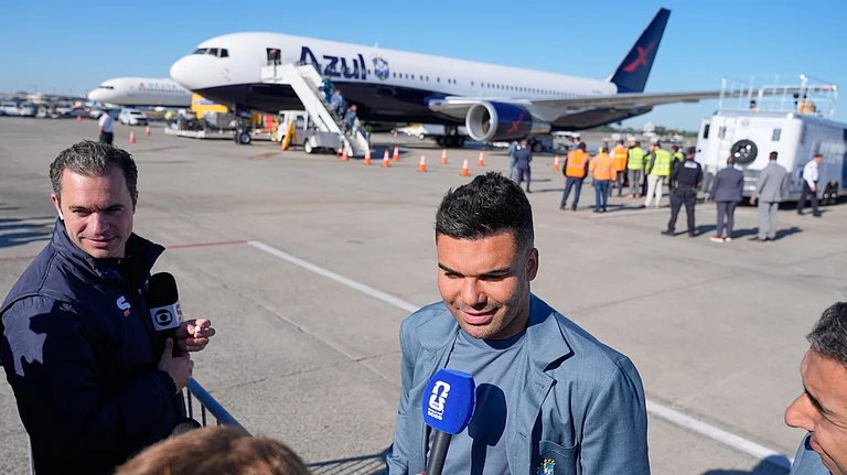 Brazilian soccer player Casemiro talks to reporters at Newark Liberty International Airport in Newark, N.J., Tuesday, June 2, 2026, as the team arrives ahead of the World Cup soccer tournament - AP/Seth Wenig