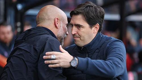 | Photo: AP/Ian Walton : Manchester City’s head coach Pep Guardiola, left, greets Bournemouth’s head coach Andoni Iraola before the English Premier League soccer match between AFC Bournemouth and Manchester City in Bournemouth, England, Tuesday, May 19, 2026.