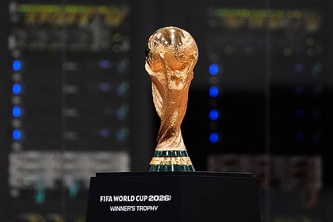 The World Cup trophy is shown during the opening ceremony of the International Broadcast Center in Dallas.