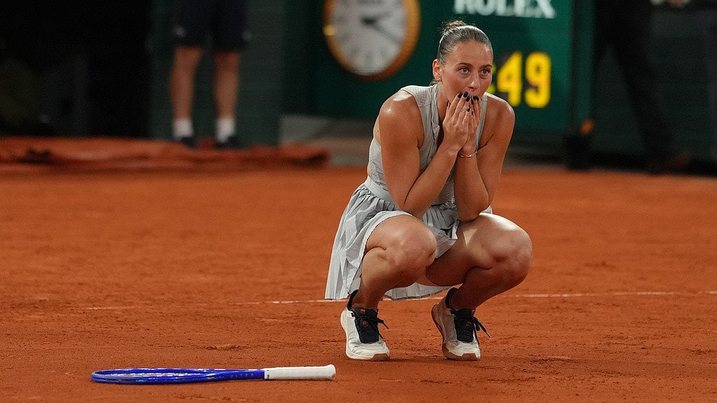 Ukraine's Marta Kostyuk reacts after winning the quarterfinal tennis match against Ukraine's Elina Svitolina at the French Open in Paris, Tuesday, June 2, 2026. - AP Photo/Aurelien Morissard
