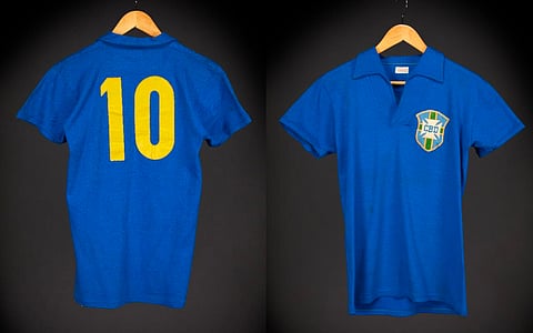 This image provided by Sotheby’s shows Pelé’s match-worn, number 10 shirt from the 1958 World Cup final, that will be up for an online auction between June 29 and July 16, Sotheby’s said Tuesday, June 2, 2026.