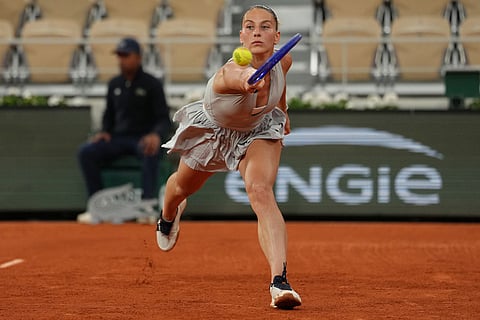 Ukraine's Marta Kostyuk returns to Ukraine's Elina Svitolina during the quarterfinal tennis match at the French Open in Paris.