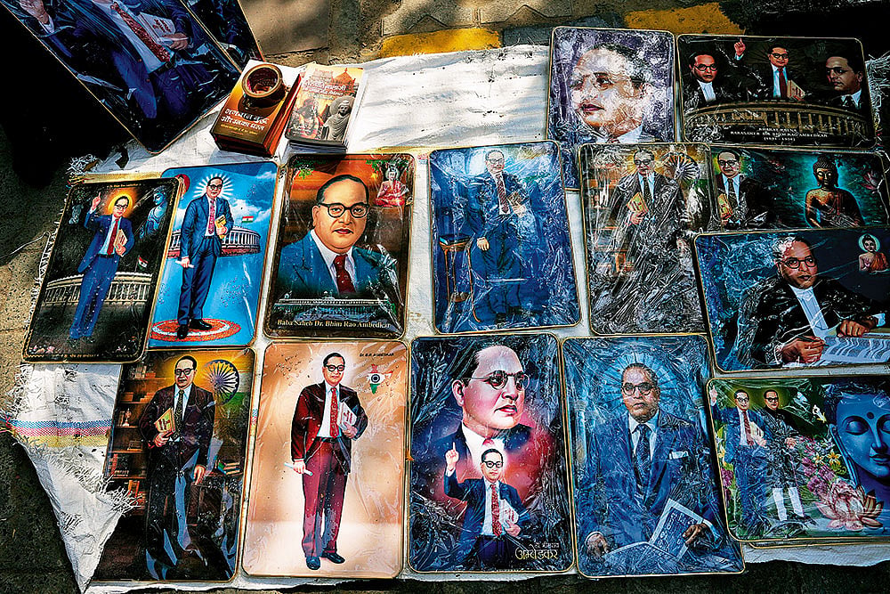 Photos of B.R. Ambedkar at a protest at Jantar Mantar in Delhi