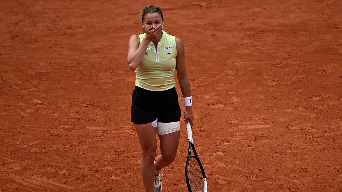 Poland's Maja Chwalinska reacts after winning the quarterfinal tennis match against Russia's Anna Kalinskaya at the French Open in Paris, Wednesday, June 3, 2026. - (AP Photo/Emma Da Silva)