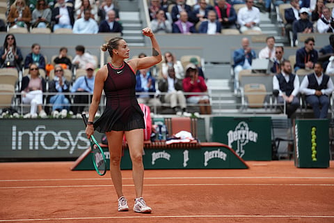 Aryna Sabalenka of Belarus reacts during the quarterfinal tennis match against Russia's Diana Shnaider at the French Open in Paris.