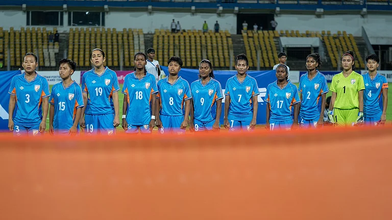 IND vs BHU: India women line-up ahead of kick-off in the semi-final. - X/IndianFootball